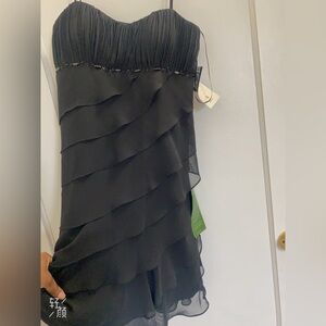 Black chiffon bustier spaghetti straps cocktail dress with ruffles